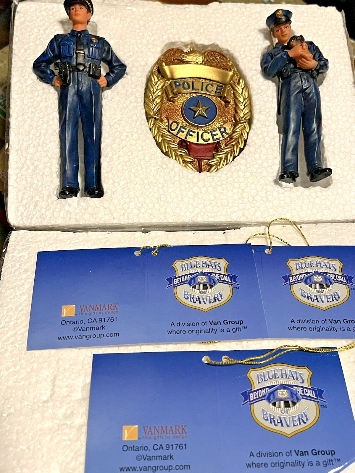 NEW Vanmark Blue Hats of Bravery Set of 3 Police Ornaments 2 Policemen & Badge