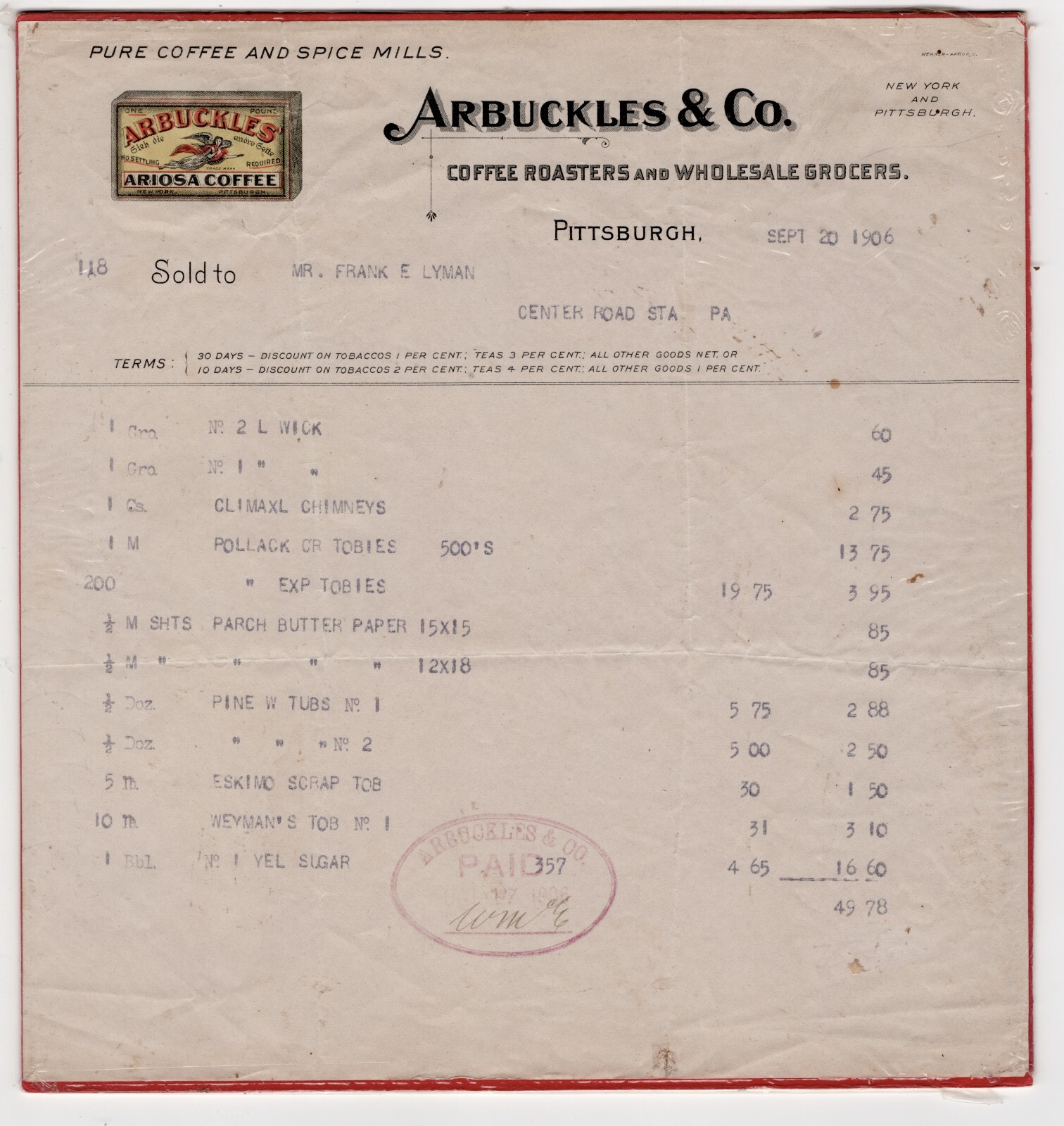 1906 BILLHEAD Arbuckles & Co. Coffee Roasters to Politician Frank E. Lyman