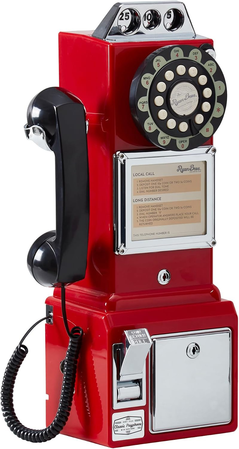 Ryan Bros. American Retro 1950\'S Payphone with Coin Bank Wall-Mount Corded Phone