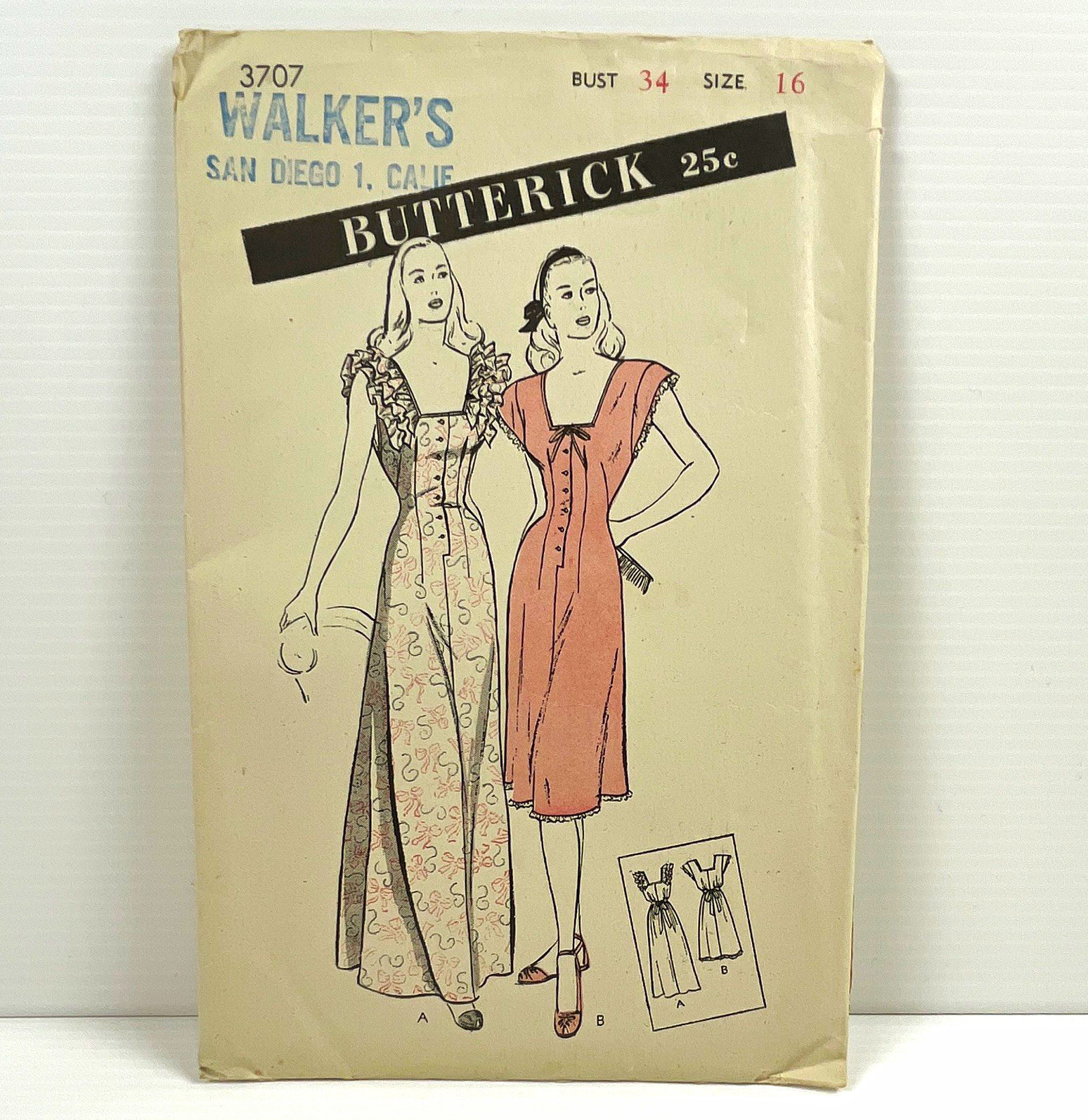 Butterick Vintage Original 1940s Sewing Pattern #3707 Nightgown Size 16 Uncut