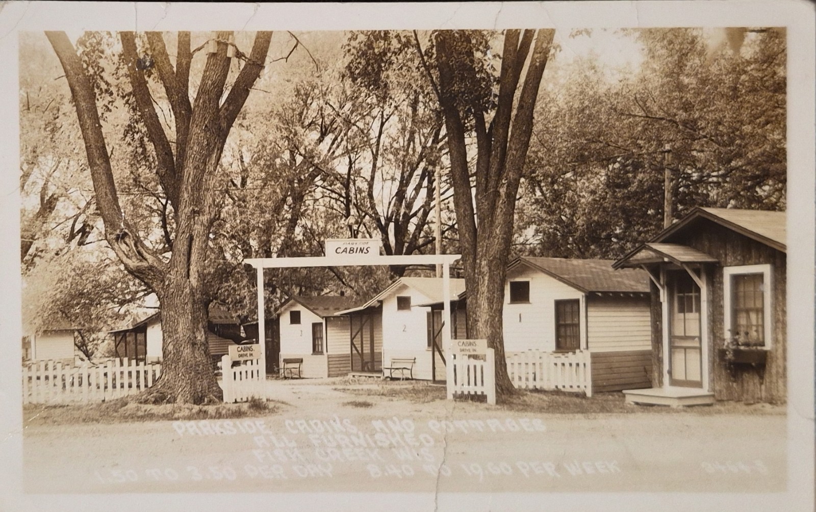WIS RPPC Fish Creek Parkside Cabin & Cottage $1.50 D to $19.60 W Wisconsin c1925