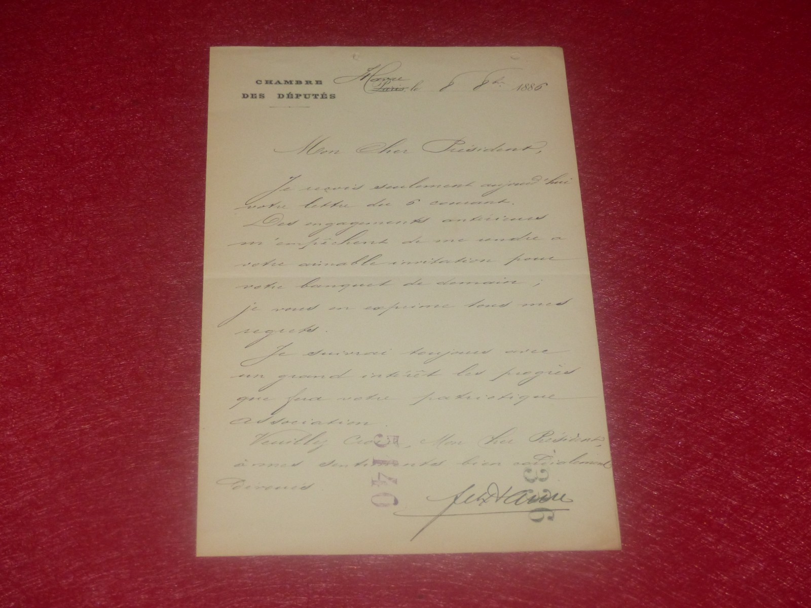[Coll.J.DOMARD SPORTS] Signed Autograph Letter Felix Faure ASGS 1886 Deputy