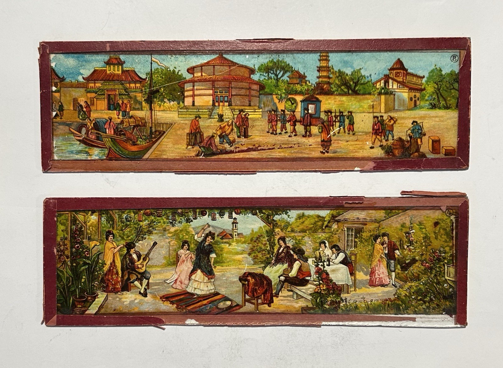 Antique Magic Lantern Glass Slides Set Of 2 (Chinese & Spanish Scenes)1890-1910s