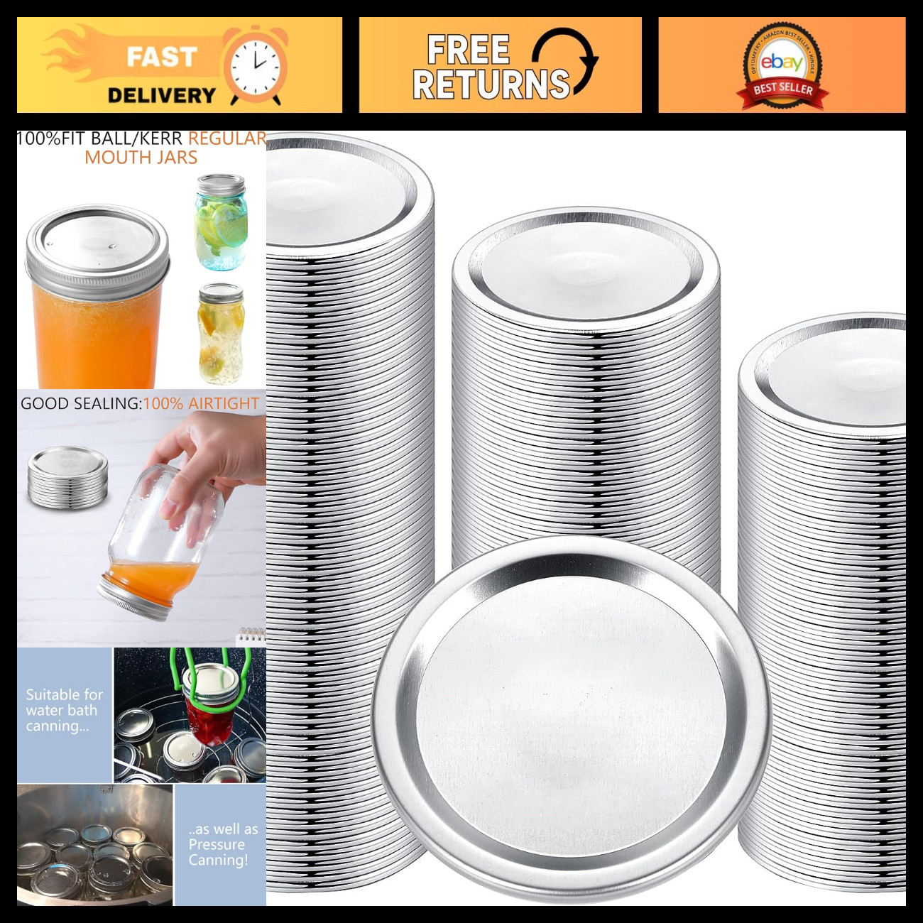 100 Pcs Split-Type Metal Canning Lids for Regular Mouth Mason Jars - Airtight Se