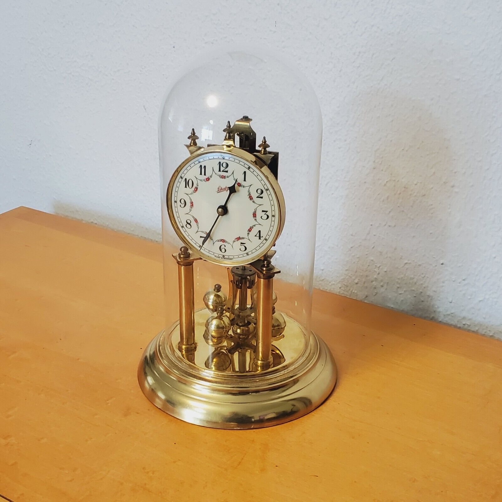 Vintage Jahrsuhrenfabrik Schatz Anniversary Clock #49 Glass Dome Porcelain Face
