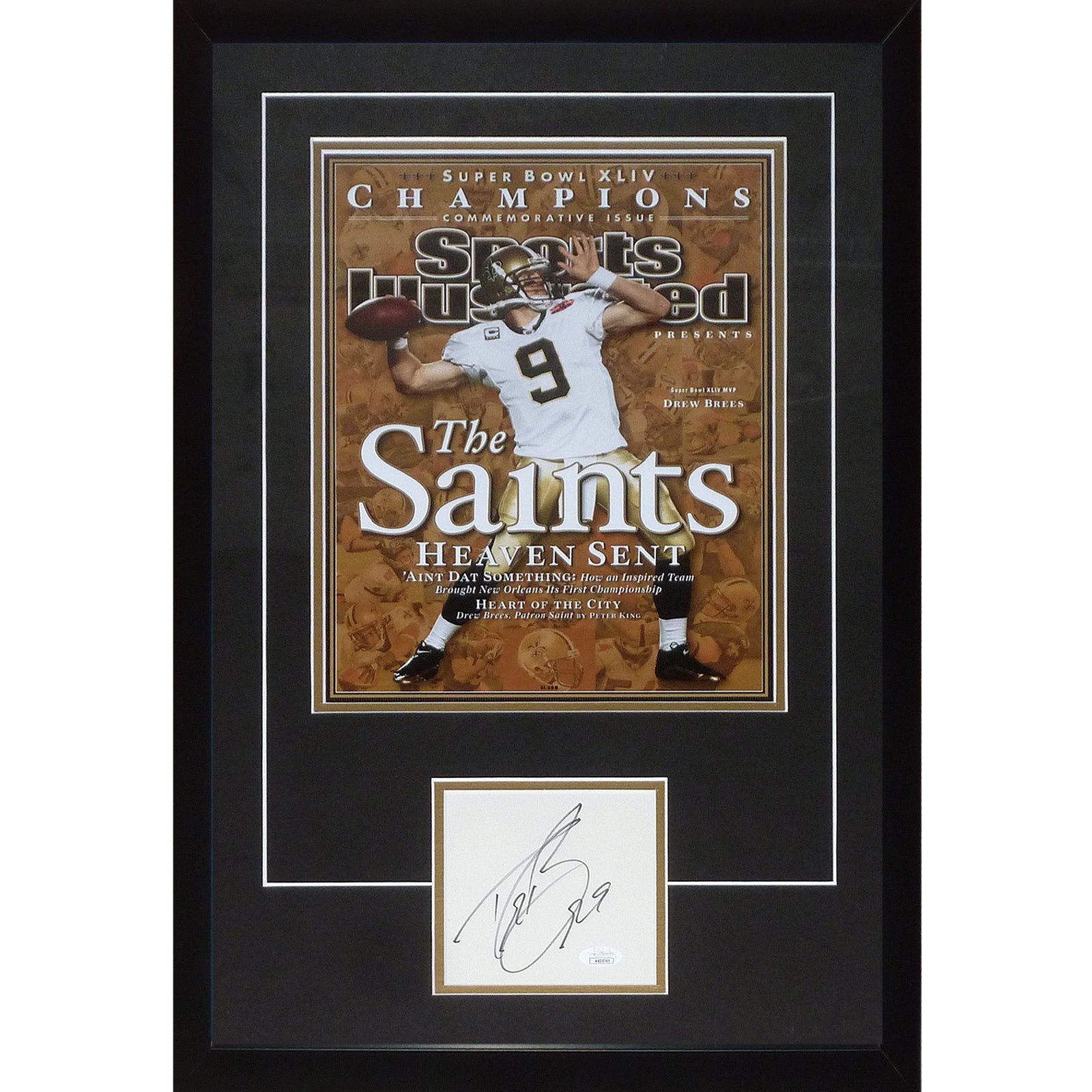 Drew Brees Autographed New Orleans Saints (Super Bowl SI Poster) Deluxe Framed 1