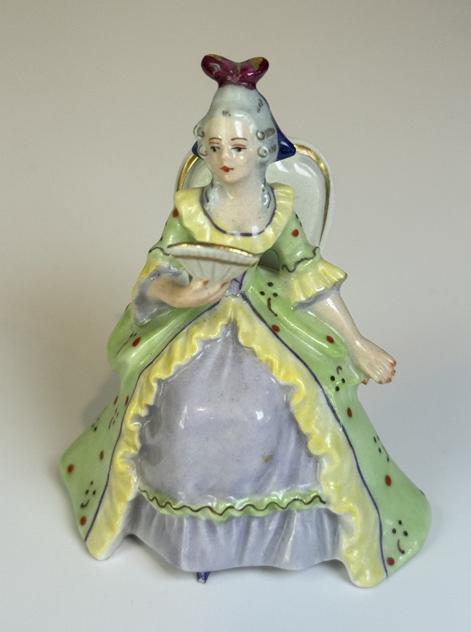 Vintage Reichenbach Germany US Zone Porcelain Lady Figurine Seated Fan Rococo 3”