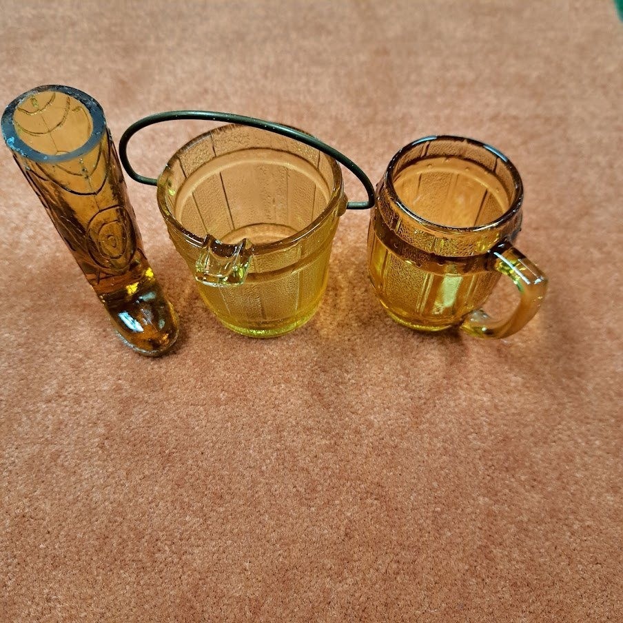 Vintage Amber Glass Miniature Set Cowboy Boot Barrel Mug Bucket Novelty 3 Piece