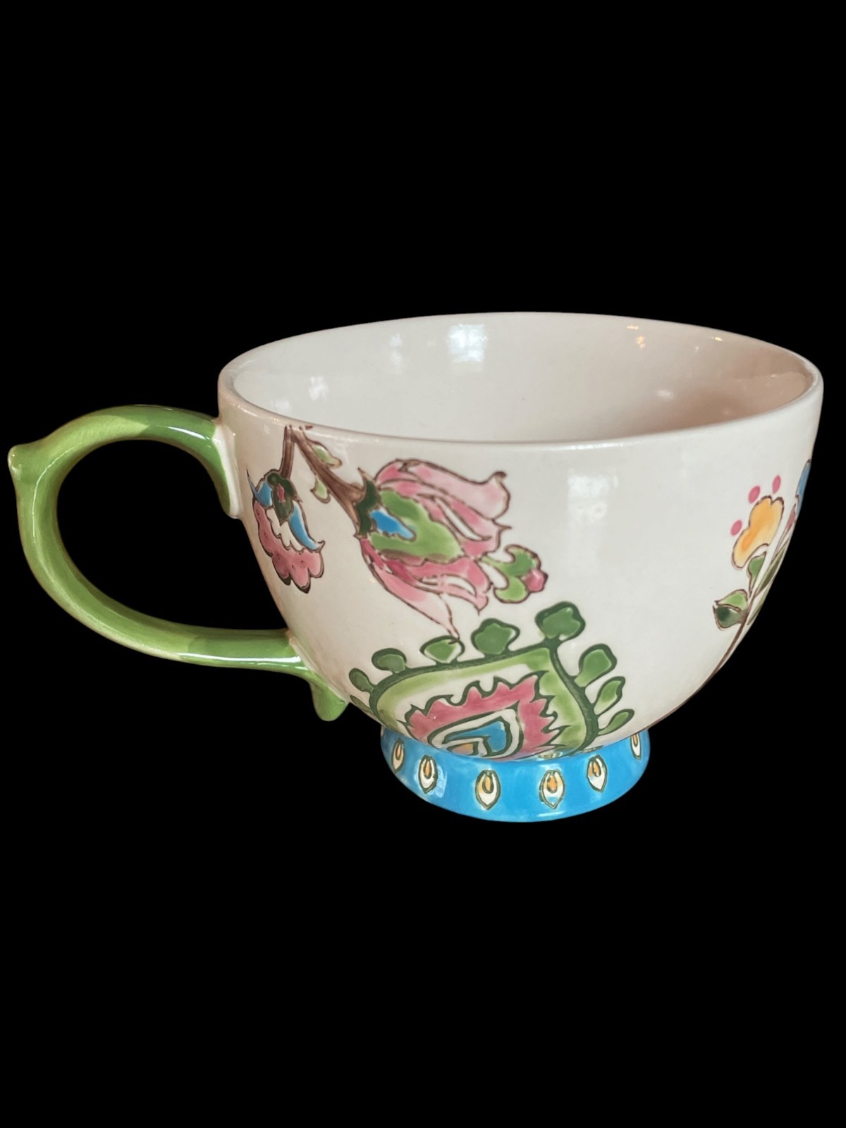 Dutch Wax Hand Painted Embossed Ceramic Multi-Color Pink, Green Floral Mug