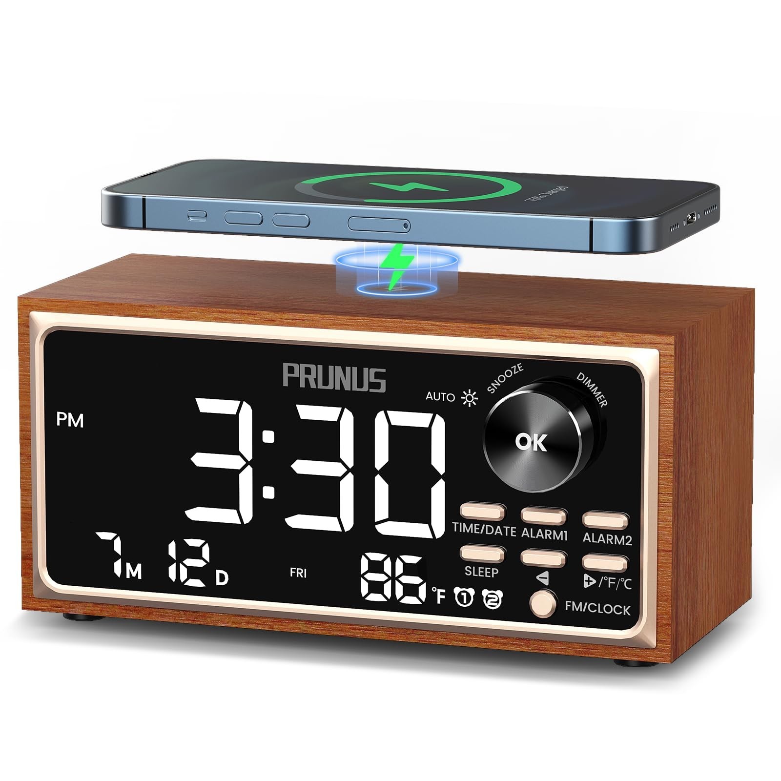 PRUNUS J-177 Retro Vintage Alarm Clock Radio with Fast Wireless Charging, Dua...