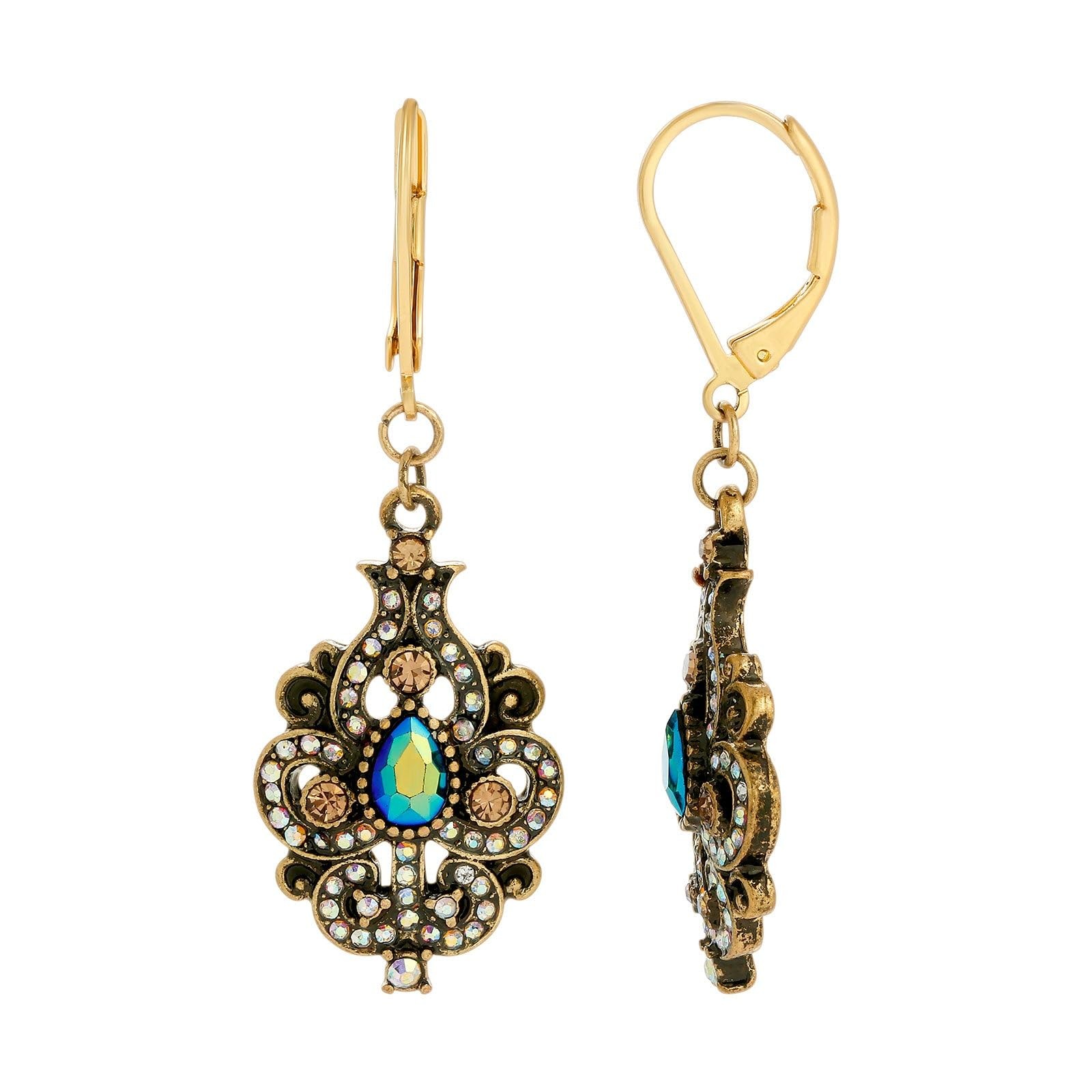 1928 Jewelry Company Peacock Plumage Art Nouveau Blue Iridescent AB Glass Drop