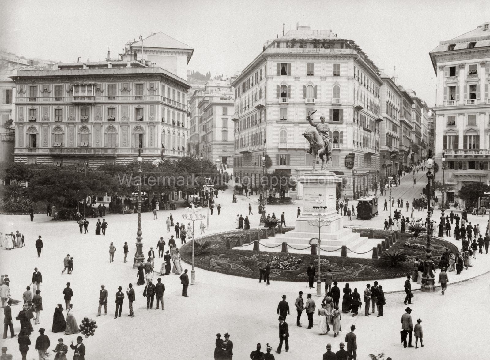 Genoa Genova Piazza Corvetto Equestrian Statue Street Scene Vtg. Photo 19thC.