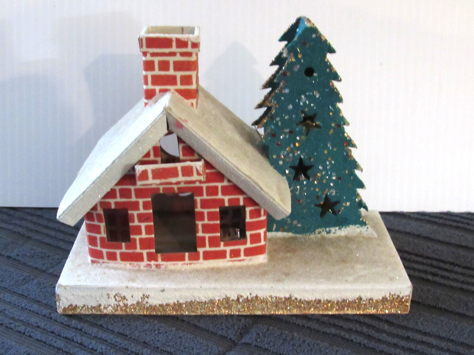 1930s Christmas Village Cardboard Large Putz House Velvet Brick Coconut Japan