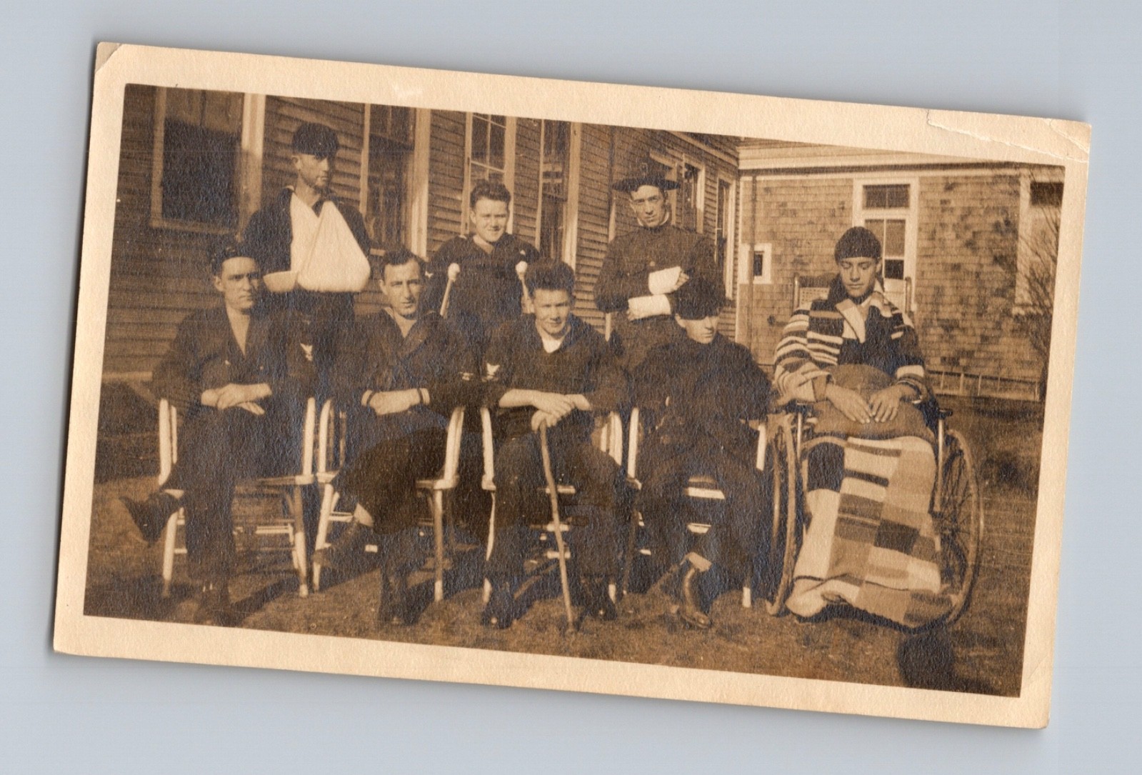 WWI U.S. Military Injured Soldiers Group Photo Outside Field Hospital 