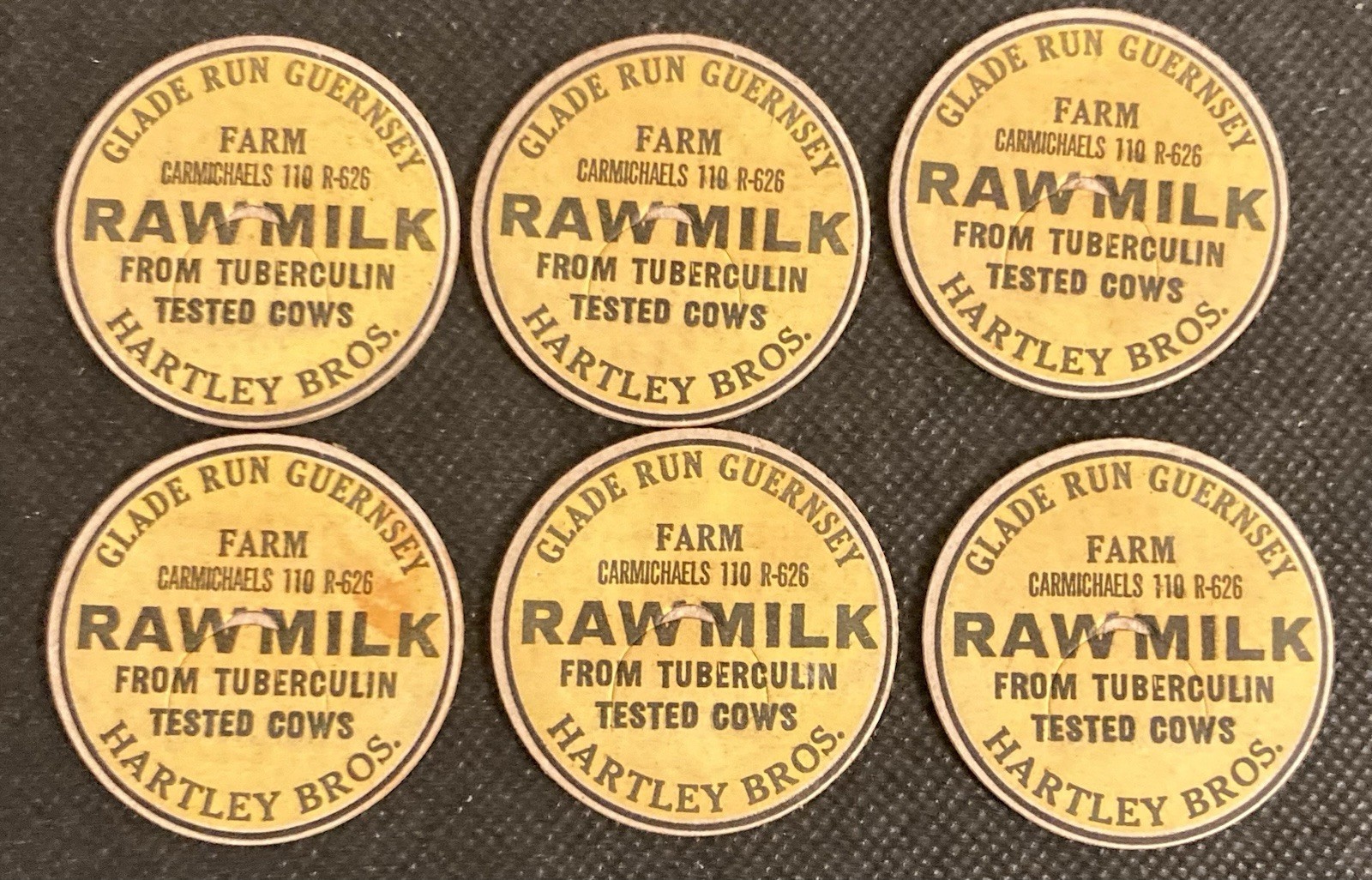 Glade Run Guernsey Farm 1940\'s Milk Bottle Caps Set of 6 Carmichaels, PA (42mm)