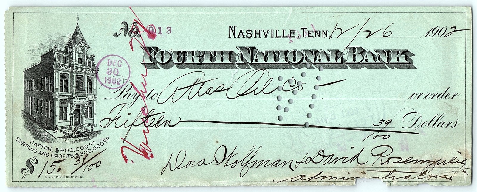 1902 Canceled Fourth National Bank Nashville Check, $15.39