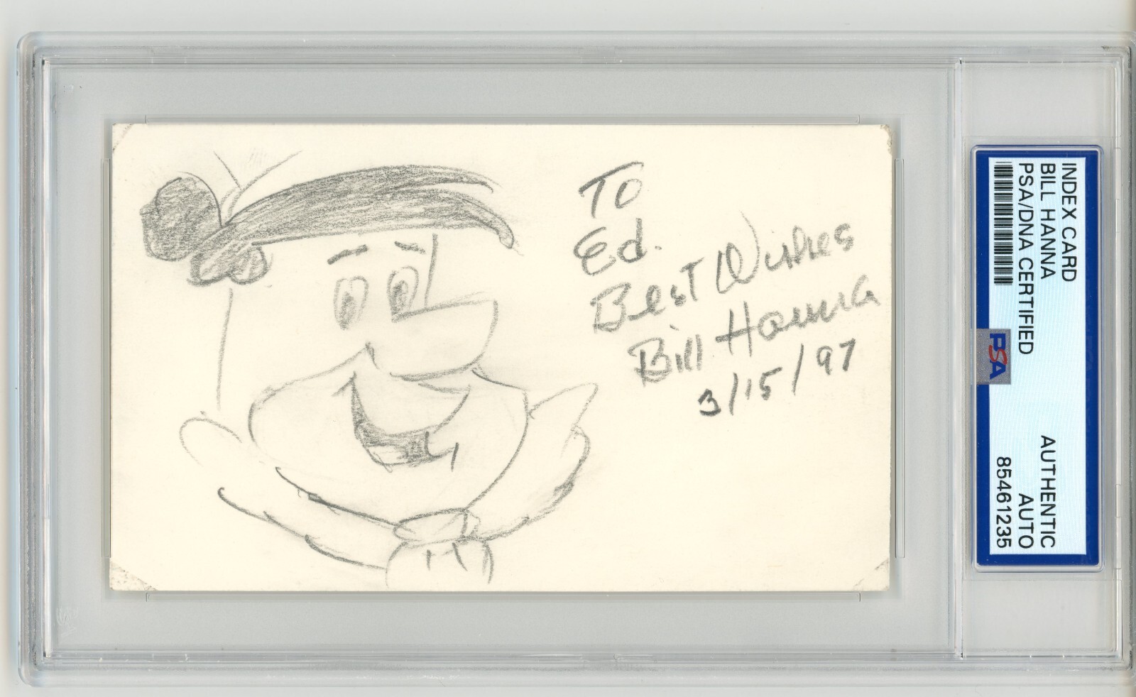 William (Bill) Hanna ~ Signed & Drawn The Flintstone Sketch Index Card ~ PSA DNA