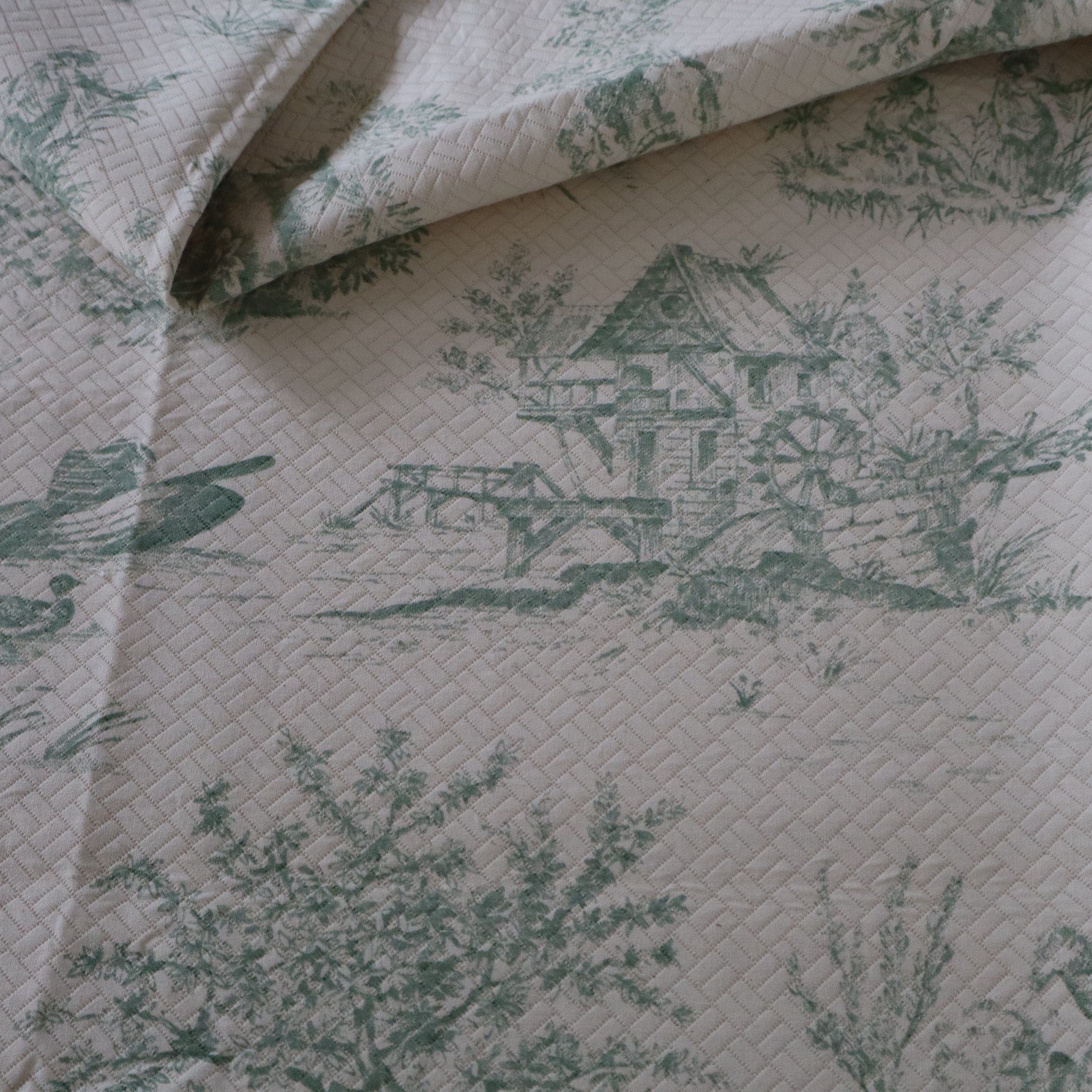 Vintage Toile Quilted Fabric Green, Creamy White, Country Life Nature 2. 5 yds