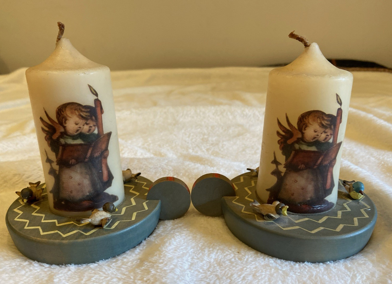 Vtg M.I.Hummel Candles Set Hand Dipped-WGerm.ANRI Italy Wood Holder Angels/Birds