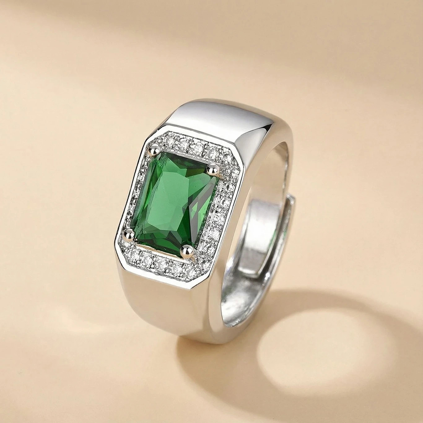 MYKI Men's Green Emerald CZ Signet Ring Silver Stainless Steel Statement Band