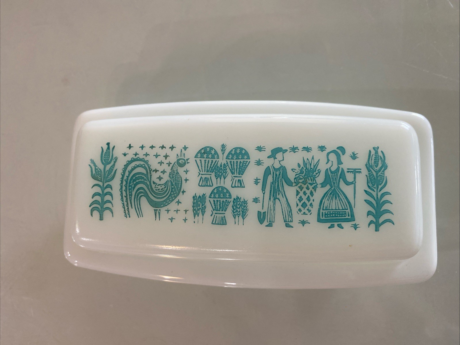 Vintage 1960s Pyrex Amish Butterprint Turquoise Blue White Covered Butter Dish