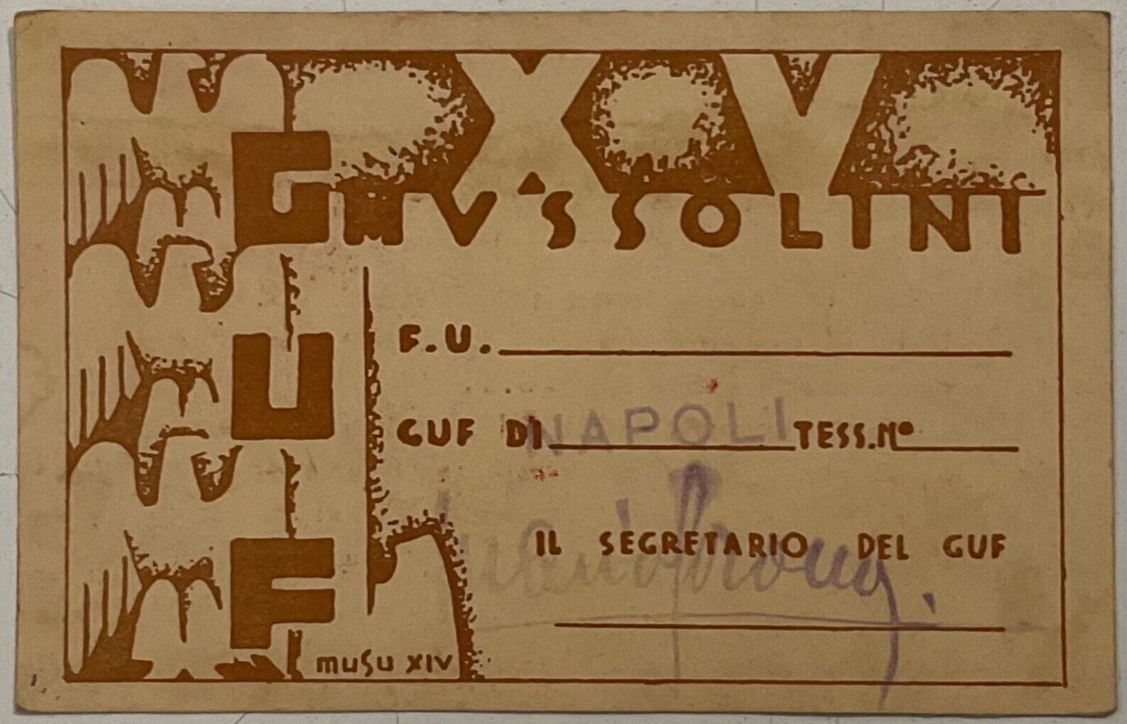 GUF GRUPPI UNIVERSITARI NAPOLI A. XV° 1937  TESSERA ASS. GIOVANILE VENTENNIO