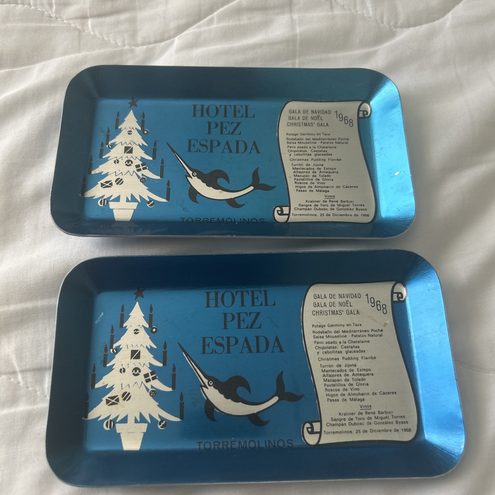 1968  December  25th Spain , Torremolinos  Tin Trays Menu Christmas Souvenirs