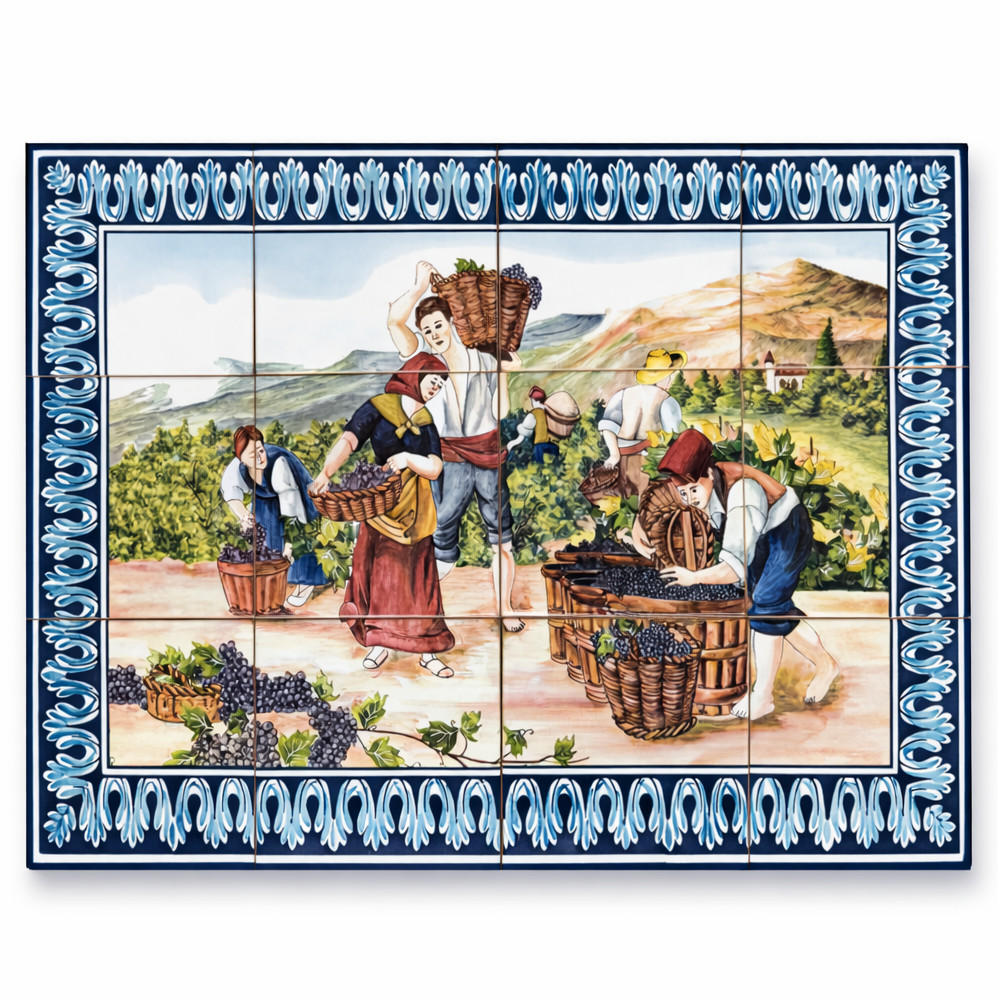 Portuguese Ceramic Tile Wall Panel – Vineyard Harvest Scene with Grape Pickers