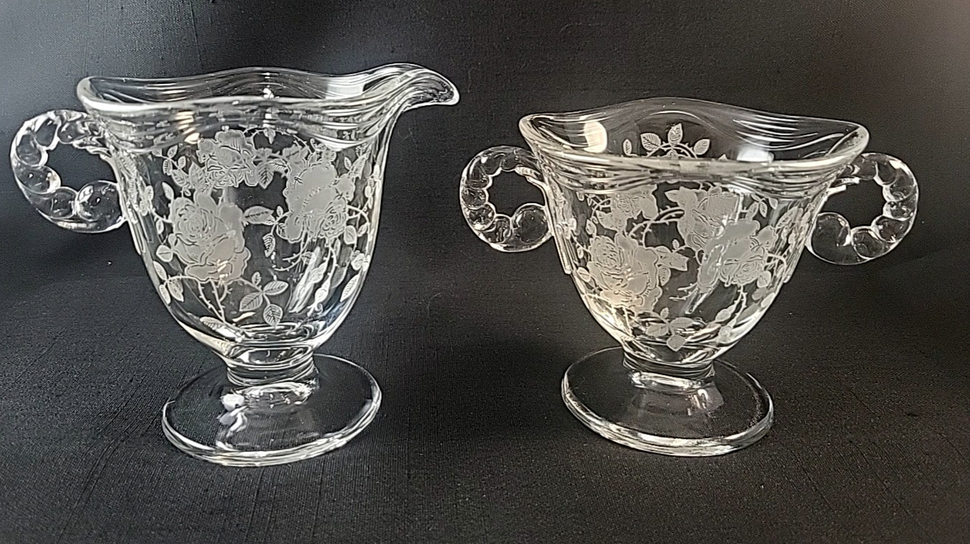 Vtg Fostoria Glass Willowmere Coronet Blank Creamer/Sugar Bowl Set Etched Roses