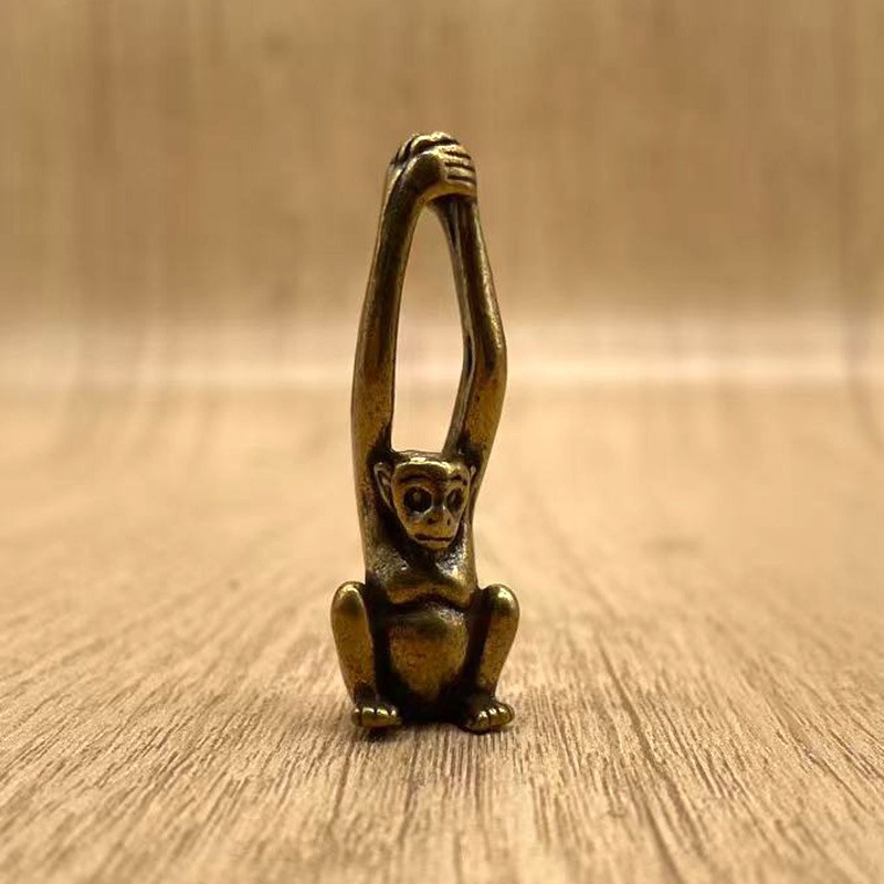 Vintage Brass Long Arm Monkey Keychain Pendant Mini Animal Figurine Key Ring