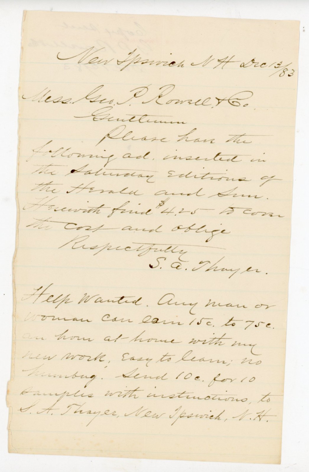1883 Handwritten Letter Geo P Rowell Advertising New Ipswich signed SA Thayer 1883 Handwritten Letter Geo P Rowell Advertising New Ipswich signed SA Thayer