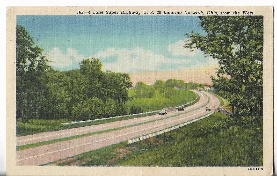 VTG Postcard - Lane Super Highway, US 20, Entering Norwalk, Ohio from the West