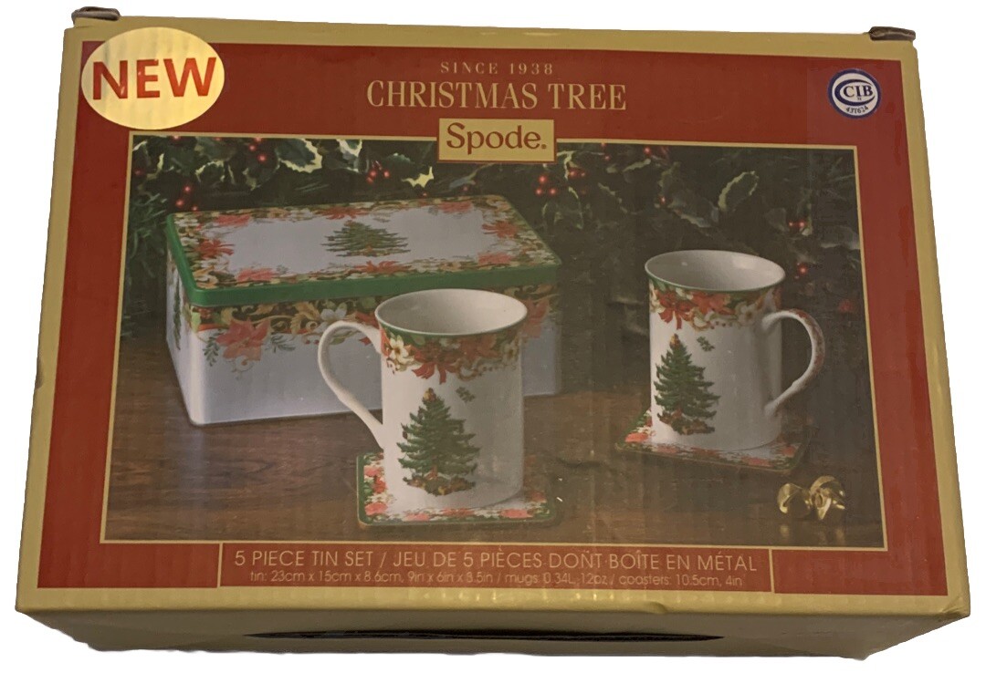 SPODE ENGLAND XMAS TREE 5-PIECE TIN SET MUGS COASTERS ST. NICHOLAS POINSETTIAS