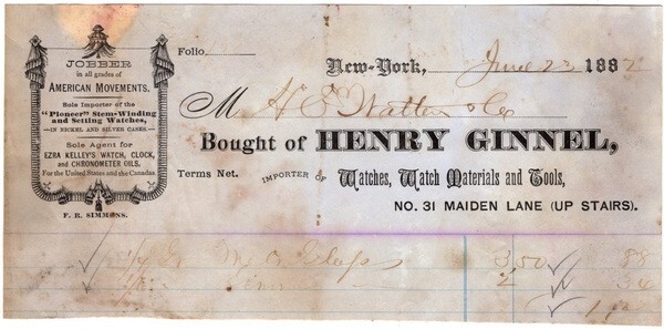 Henry Ginnel, Watches...sold to H. E. Walter & Co Richfield Springs, NY, 5/19/82