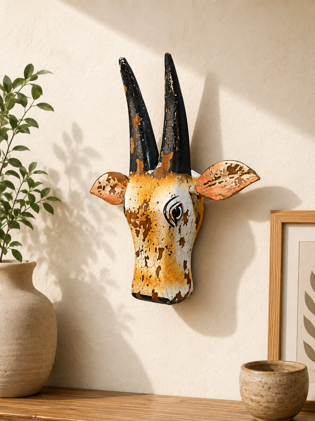 Handcrafted Wooden Tribal Cow Head – White & Yellow Rust Antique Finish