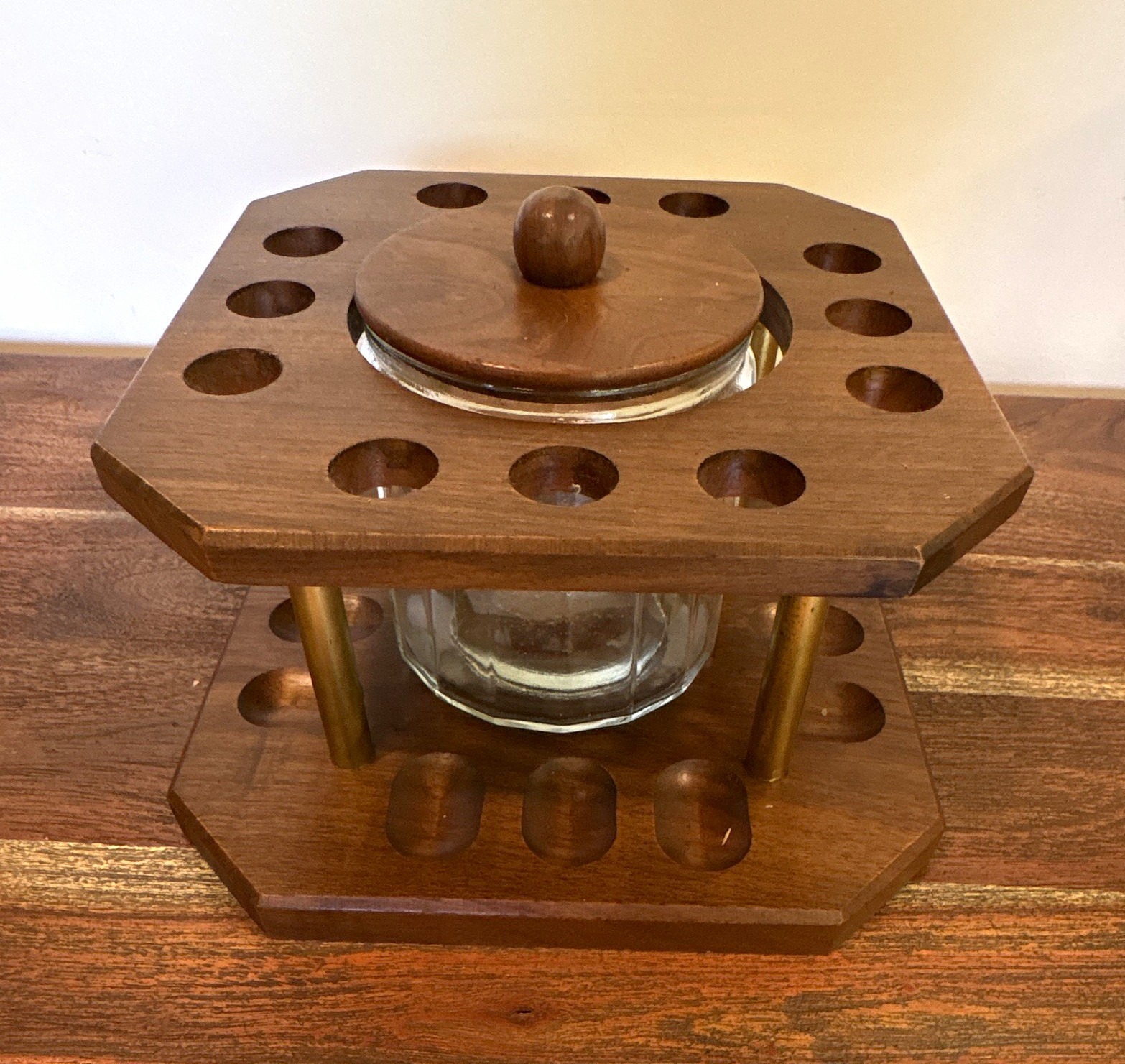 Vintage, MCM, Walnut Wood & Brass 12-Pipe Display & Glass Pipe Tobacco Humidor