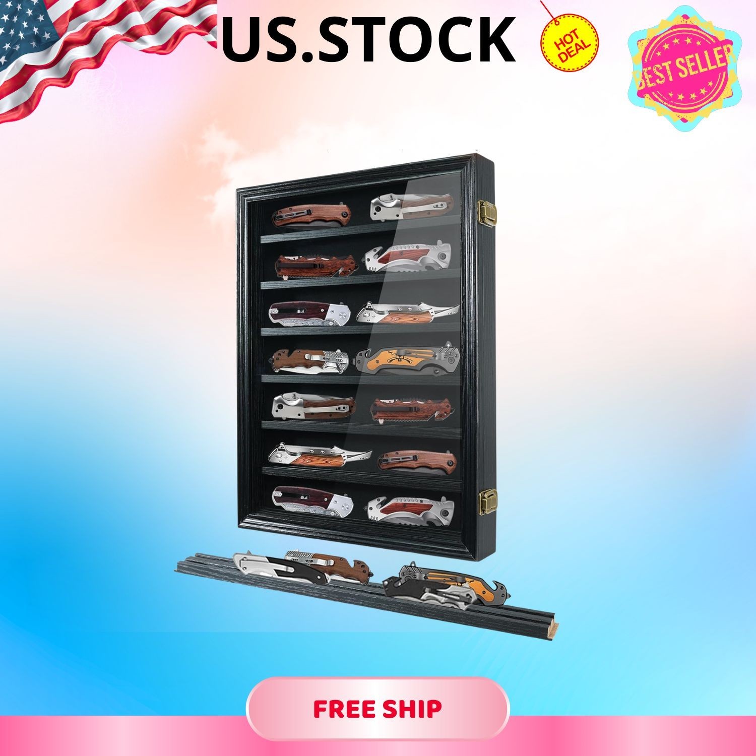 Lockable Wooden Pocket Knife Display Case 7 Rows Glass Wall Cabinet Black