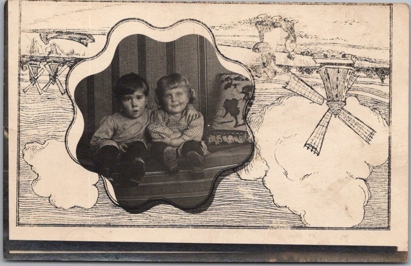 Vintage 1910s Real Photo RPPC Greetings Postcard Boy & Girl / Windmill Scene