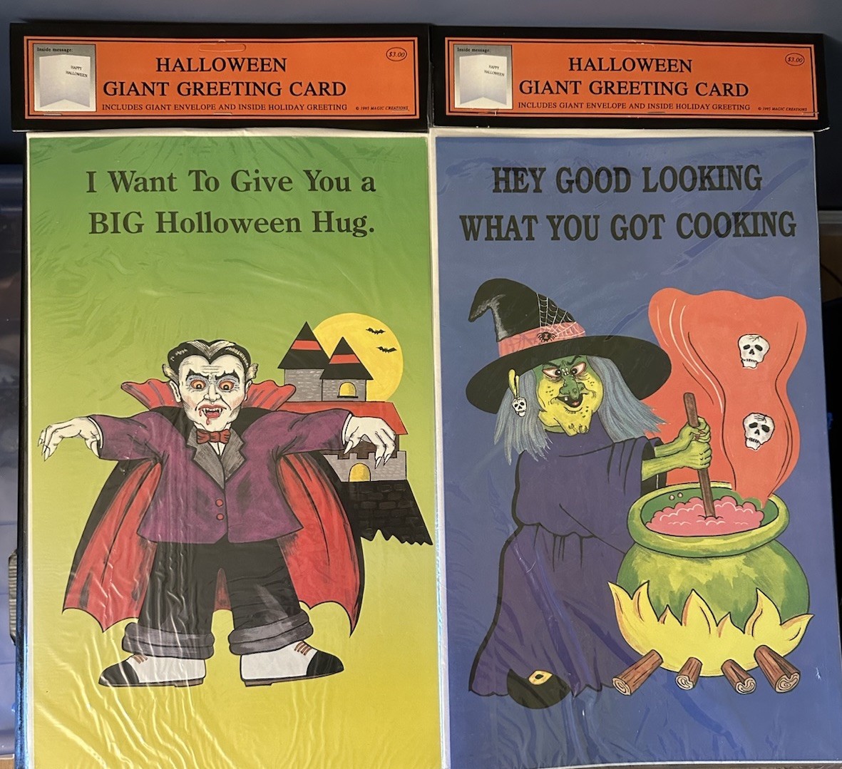 Vtg Large Halloween Witch & Vampire Greeting Cards 1995 Sealed Set Of 2