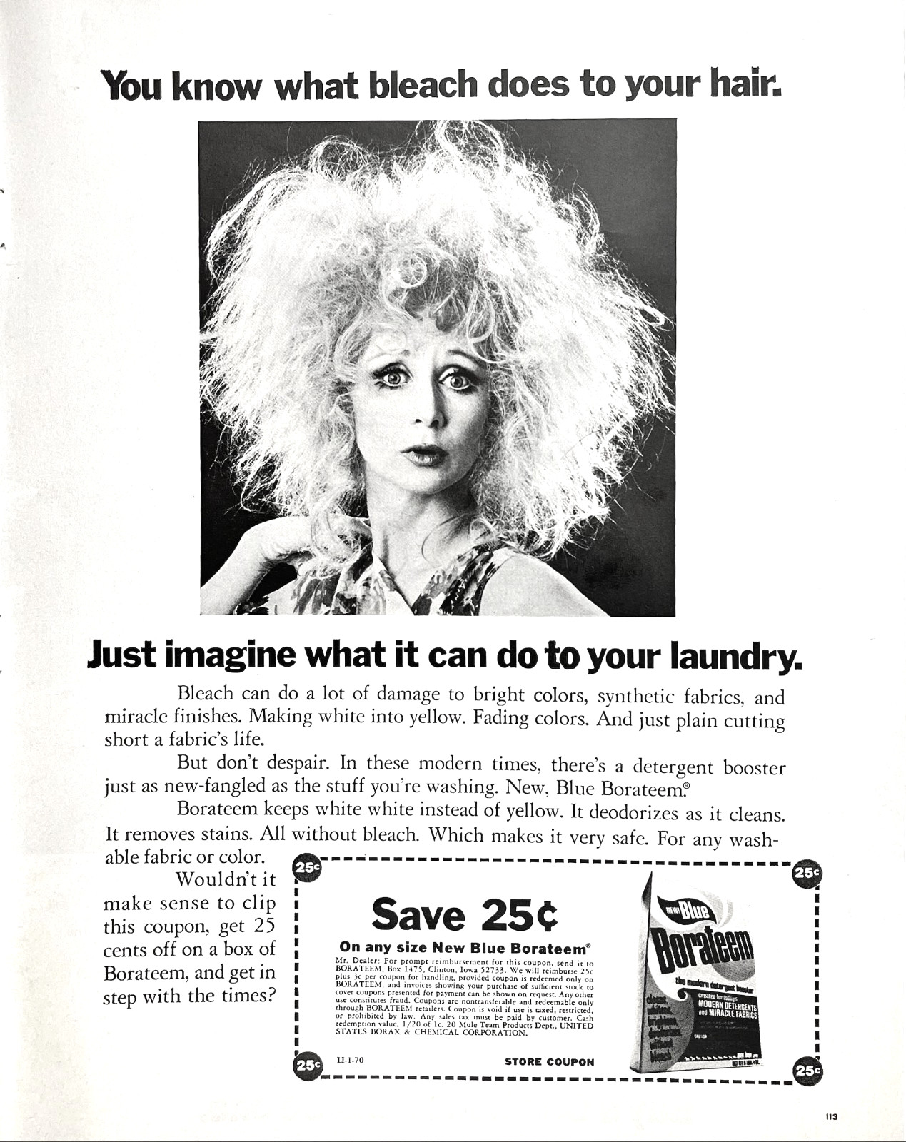 Borateem Laundry Booster Bleach Hair Damage Funny Woman Coupon Vtg Mag Print Ad