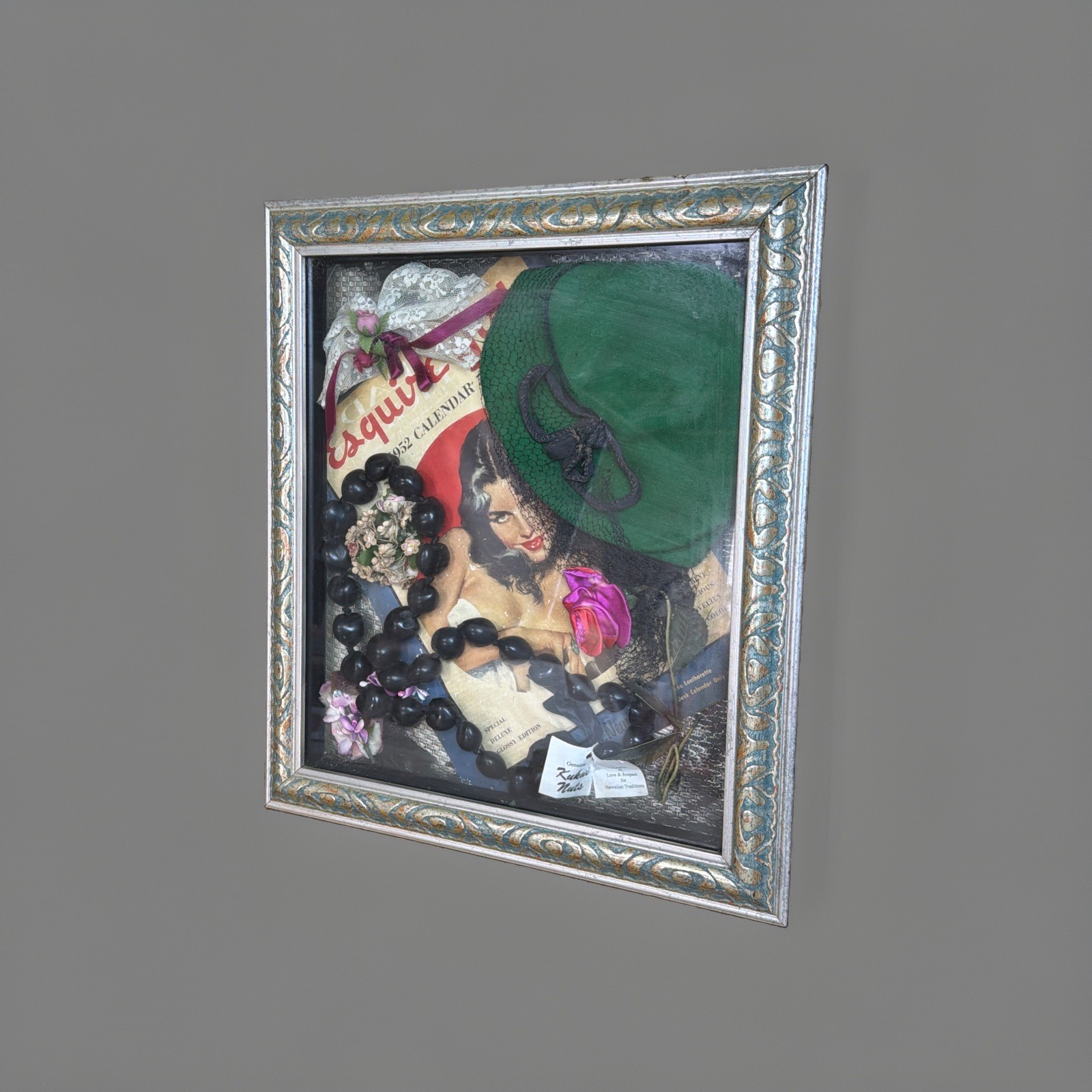 VTG Jeanne Carmen 1952 Esquire Magazine Shadowbox Kukui Nut/Lace/Hat MCM 18x16”