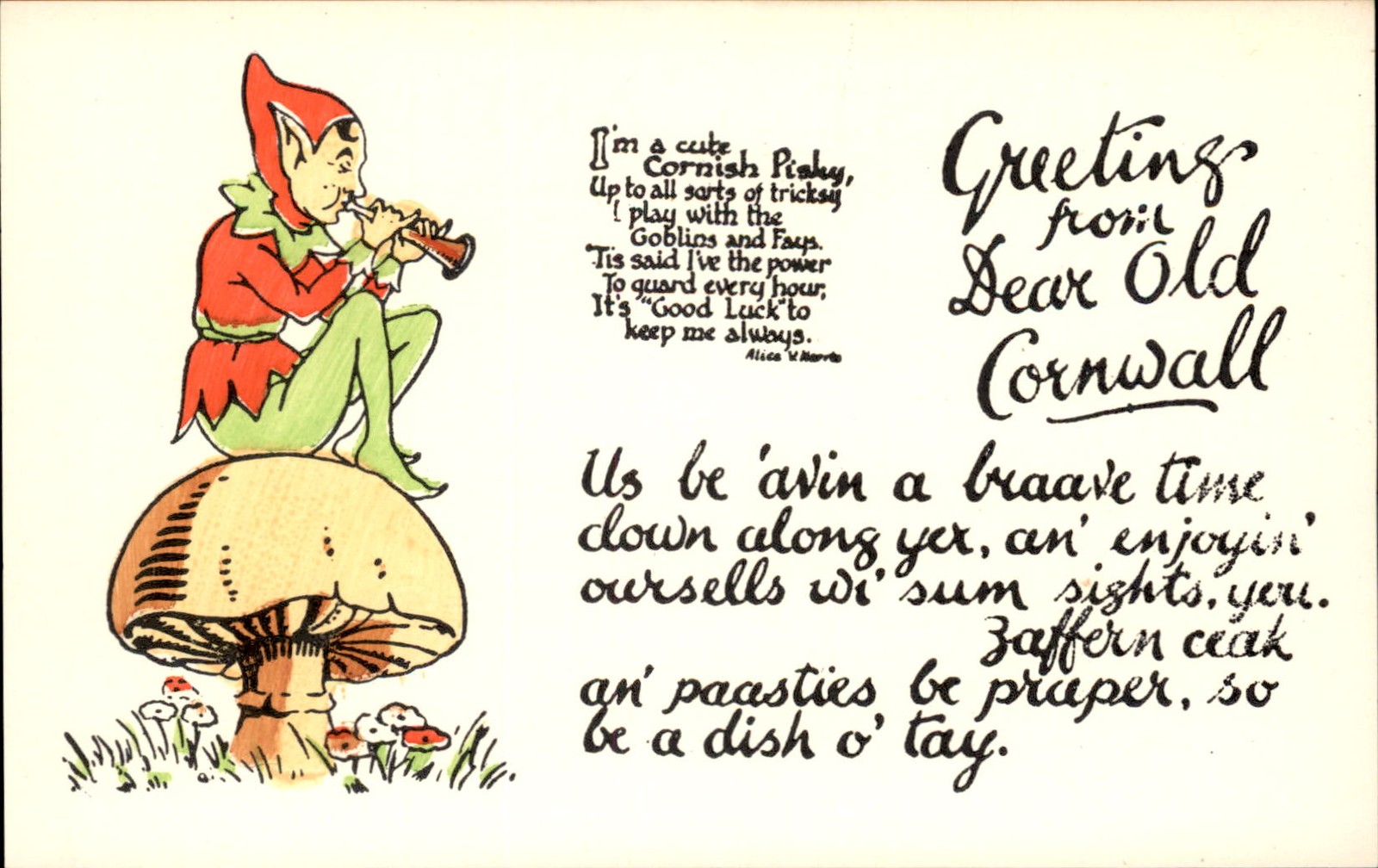 Cornish pixie on mushroom C.W. Co. Bristol Ltd. c1930s-40s Vintage Postcard
