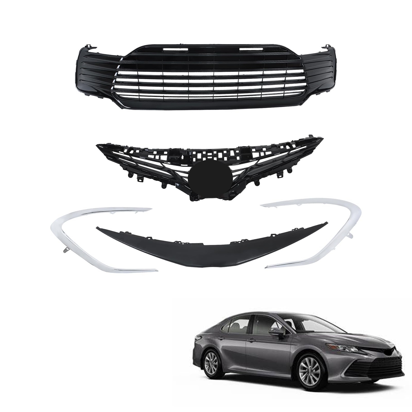 Front Lower Upper Grille Black Plastic Set of 4 Pieces for Camry 2021 2022