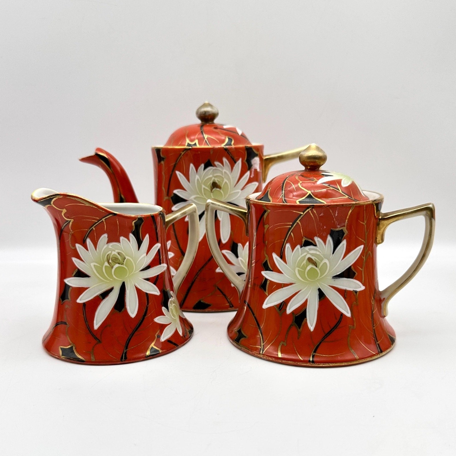 Vintage RS Japan Orange Floral Teapot, Creamer & Sugar, Circa 1920s-1930s