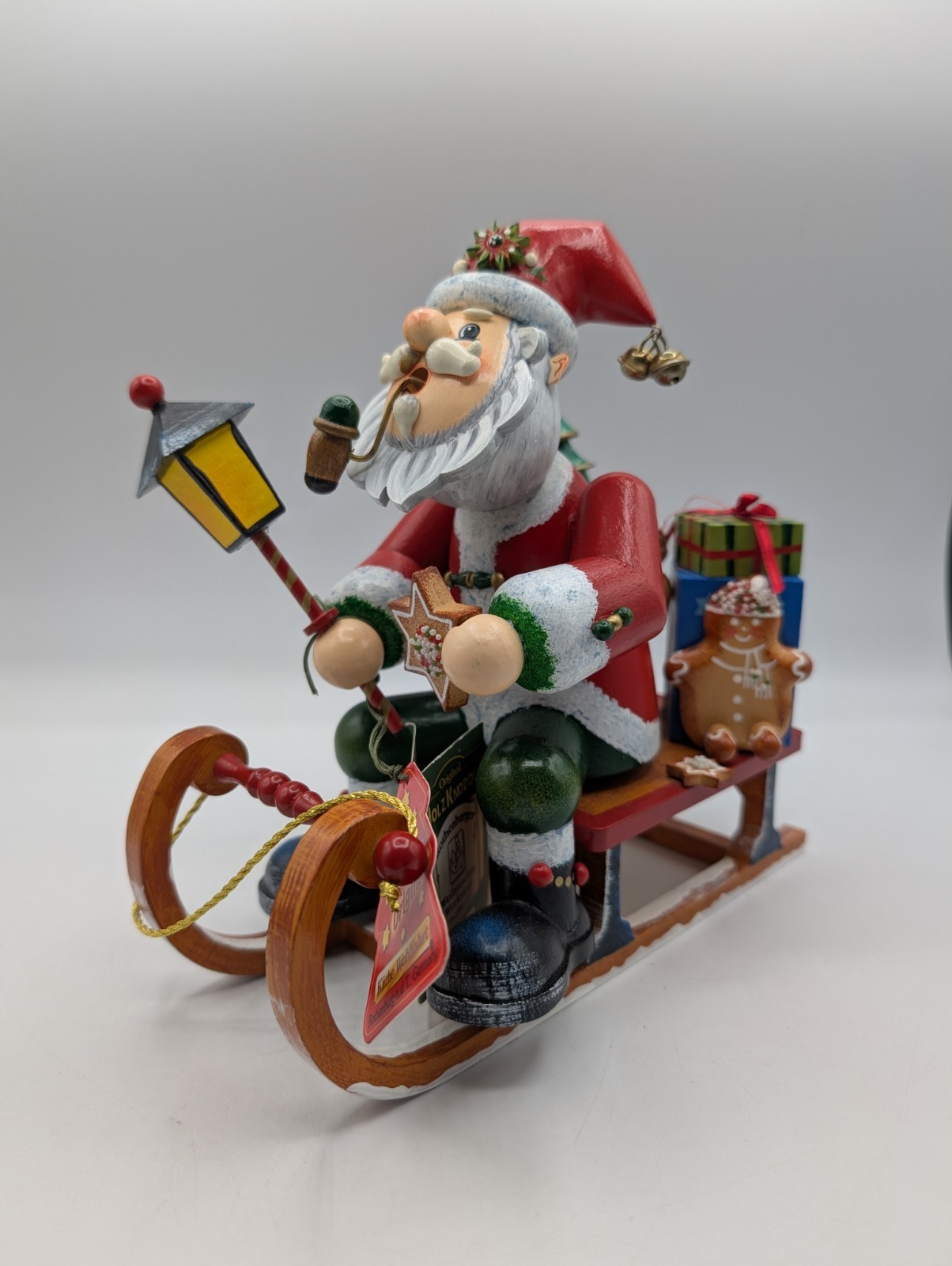 German Holzknoddl Smoker Kathe Wohlfahrt Santa on Sleigh Sled Gingerbread Wooden