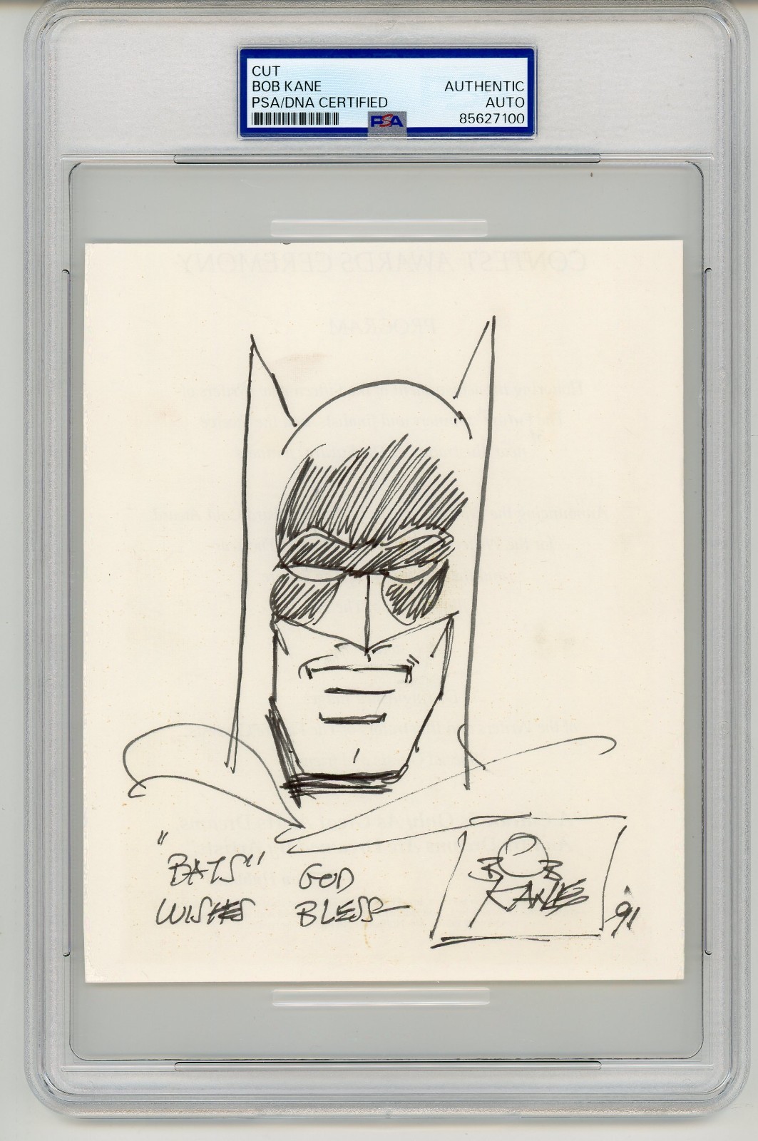 Bob Kane ~ Signed Autographed Original Sketch of Batman ~ PSA DNA Encased