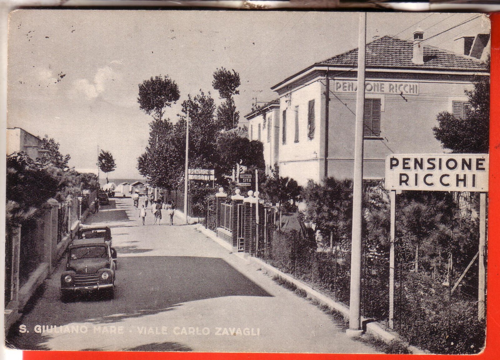 POSTCARD SAN GIULIANO SEA TRAVELLED 1956 VIALE ZAVAGLI PENSION RICH GIFT