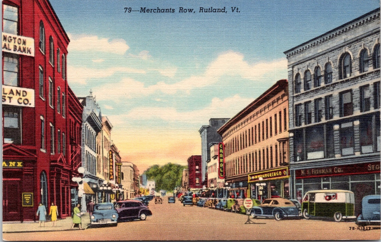 Merchant's Row, Rutland, Vermont - 1947 Linen Postcard - Woolworths, Old Cars