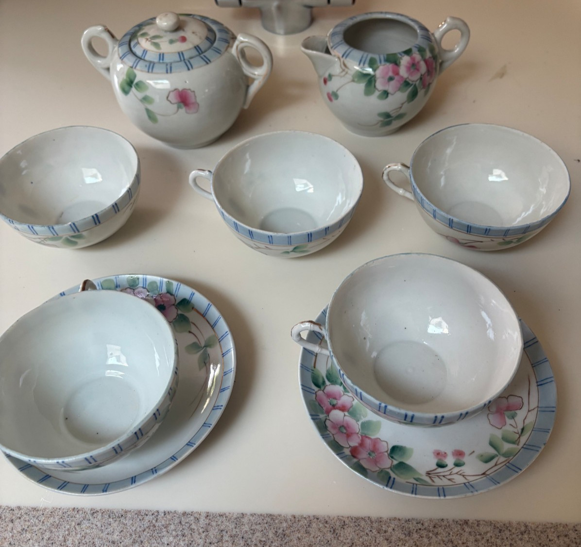 10 Piece Vtg 1920 Nippon Japan Covered Sugar Bowl Creamer 5 Cups 2 Saucers