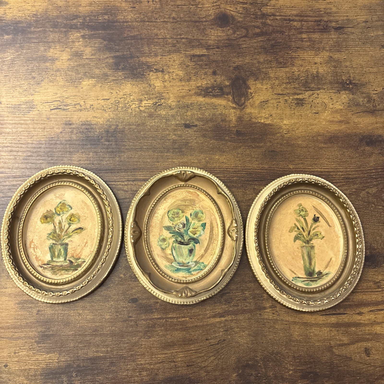 VTG Miniature Floral Paintings Set Of 3 Oval Ornate Gold Gilded Frames Art